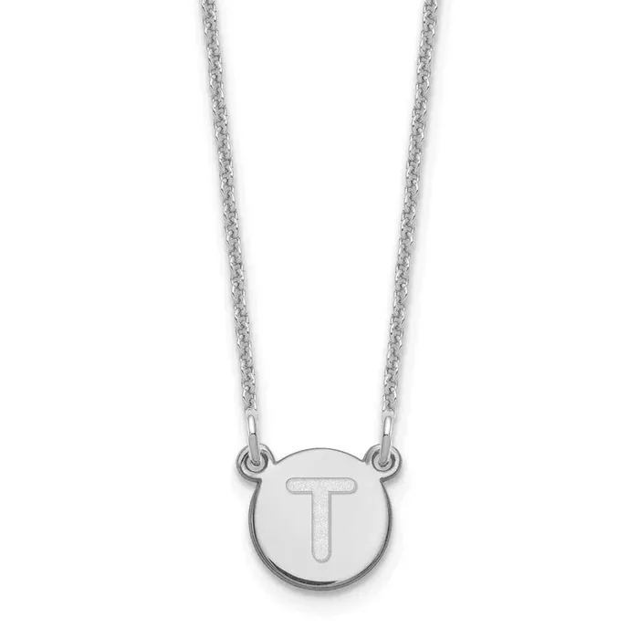 Tiny Circle Block Initial Letter T Necklace 14k White Gold XNA722W/T