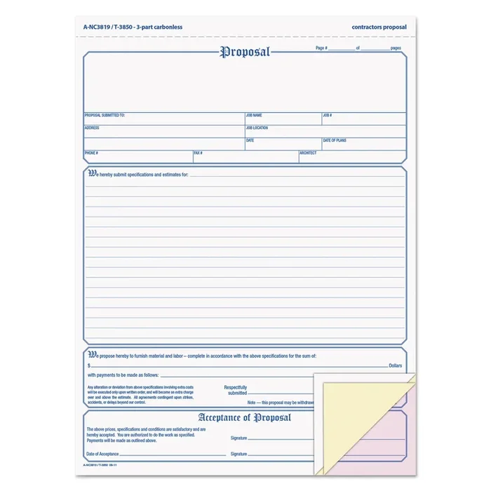TOPS™ Proposal Form, Three-Part Carbonless, 11 x 8.5, 50 Forms Total