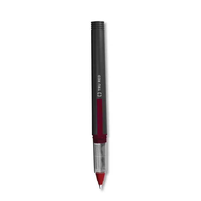TRU RED™ Rollerball Pen, Stick, Fine 0.5 mm, Red Ink, Black/Red/Clear Barrel, Dozen