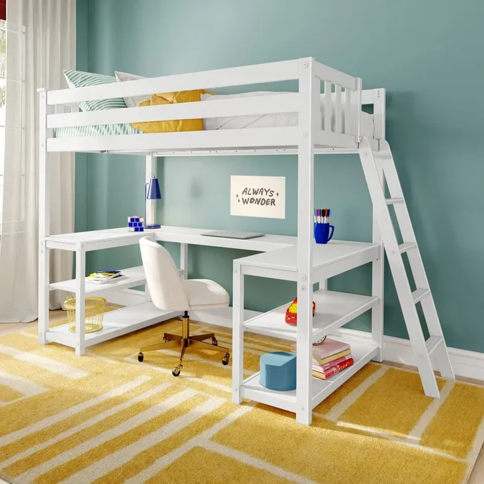 Twin Loft Bed With Wraparound Desk & Ladder On End