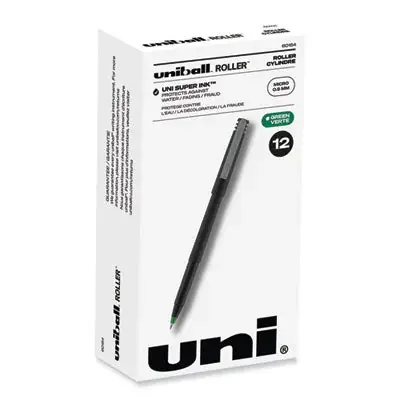 uniball® Rollerball Pen, Stick, Extra-Fine 0.5 mm, Green Ink, Black/Green Barrel, Dozen