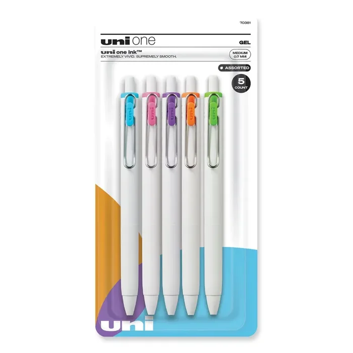 uniball® uniONE Gel Pen, Retractable, Medium 0.7 mm, Assorted Fashion Ink and Barrel Colors, 5/Pack