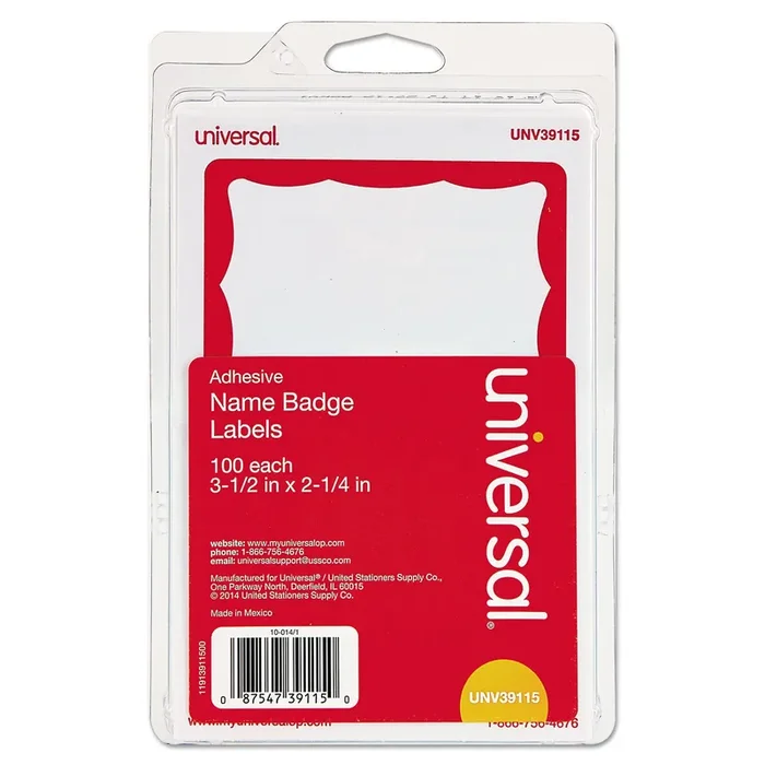 Universal® Border-Style Self-Adhesive Name Badges, 3 1/2 X 2 1/4, White/red, 100/pack