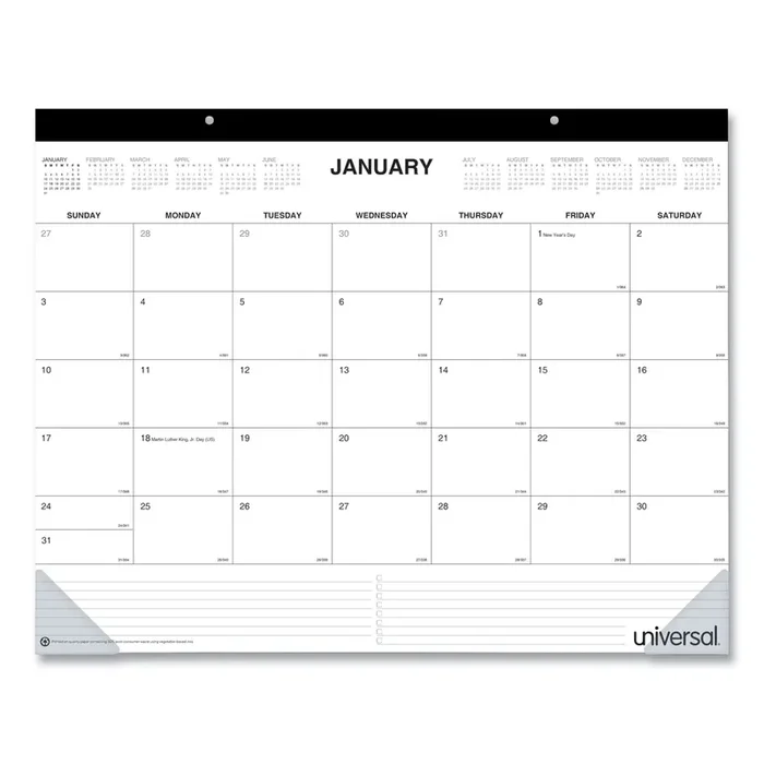 Universal® Desk Pad Calendar, 22 x 17, White Sheets, Black Binding, Clear Corners, 12-Month (Jan to Dec) 2025