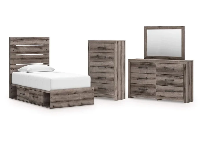 Urbanoore Twin Panel Bed with Storage with Mirrored Dresser and Chest