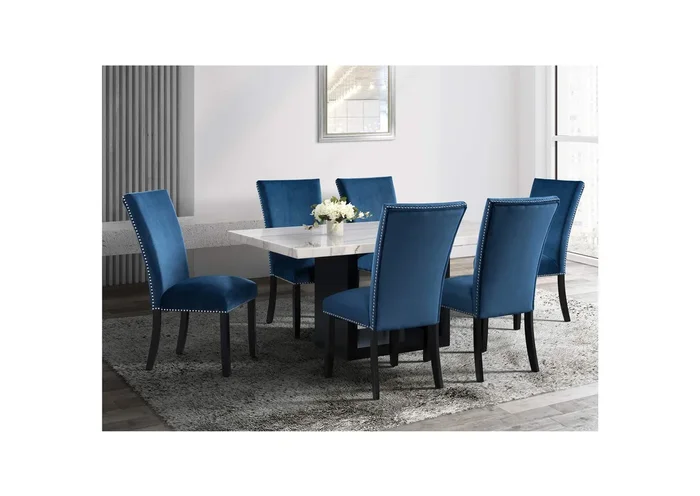 Valentino White 5 Piece Counter Height Dining Set – Table Four Blue Chairs