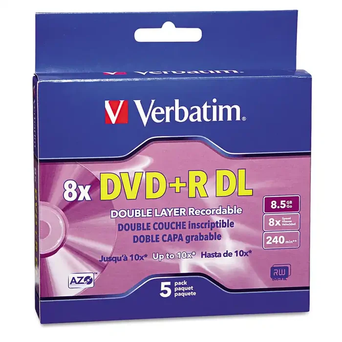 Verbatim® Dvd+r Dual-Layer Recordable Disc, 8.5 Gb, 8x, Jewel Case, Silver, 5/pack