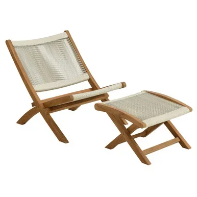 Vienna 2-Piece Outdoor Patio Teak and Rope Folding Accent Lounge Chair and Ottoman Set / EEI-6938