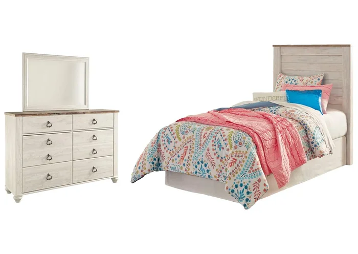 Willowton Twin Panel Headboard Bed with Mirrored Dresser