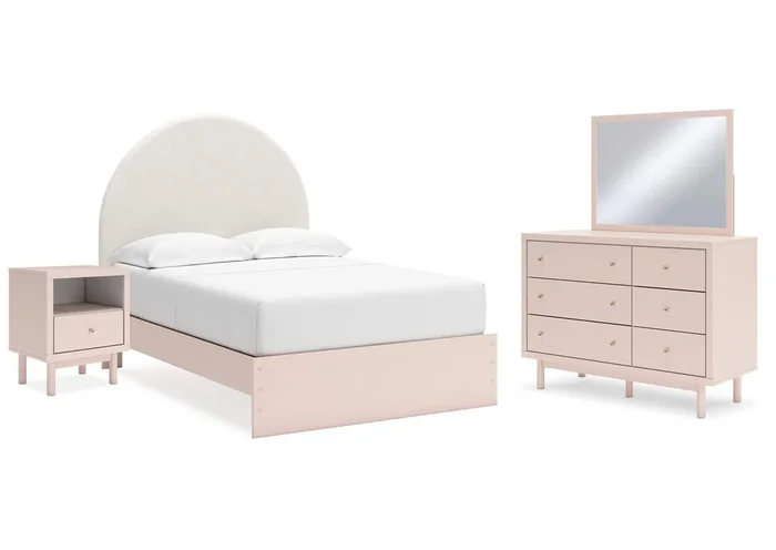 Wistenpine Full Upholstered Panel Bed with Mirrored Dresser and Nightstand