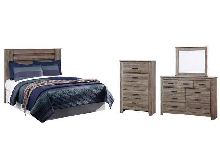 Zelen Queen/Full Panel Headboard Bed with Mirrored Dresser and Chest
